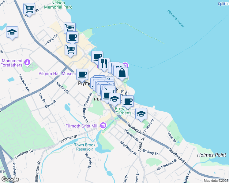 map of restaurants, bars, coffee shops, grocery stores, and more near 4 Winslow Street in Plymouth