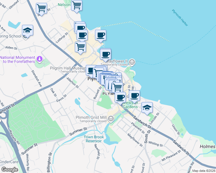 map of restaurants, bars, coffee shops, grocery stores, and more near 11 Brewster Street in Plymouth