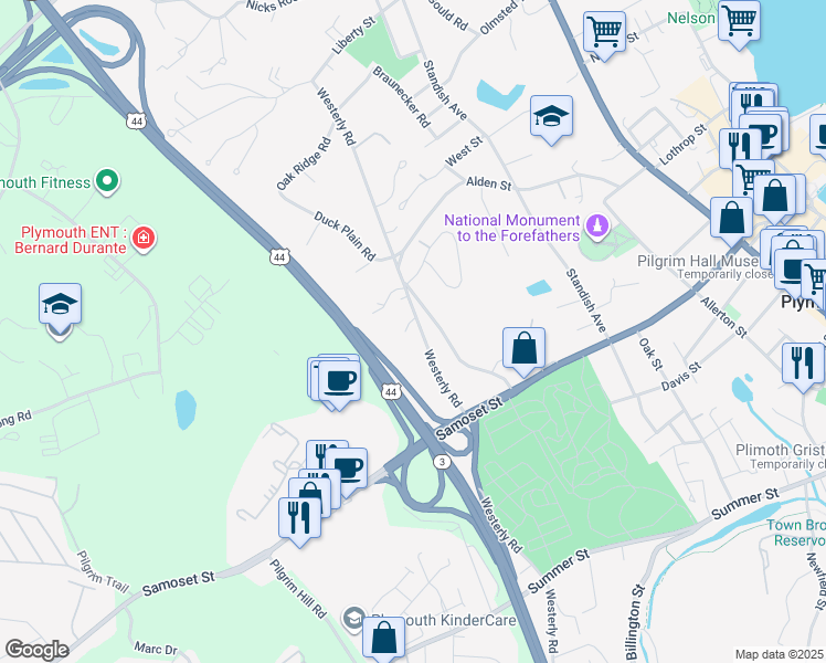 map of restaurants, bars, coffee shops, grocery stores, and more near 128 Westerly Road in Plymouth