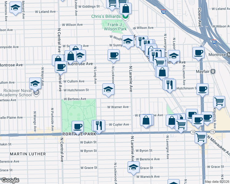 map of restaurants, bars, coffee shops, grocery stores, and more near 5242 West Hutchinson Street in Chicago