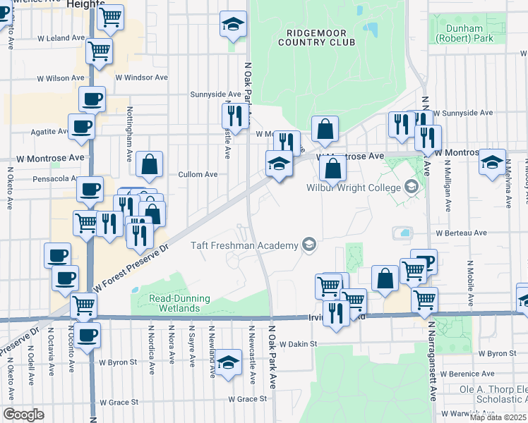 map of restaurants, bars, coffee shops, grocery stores, and more near 4239 North Oak Park Avenue in Chicago
