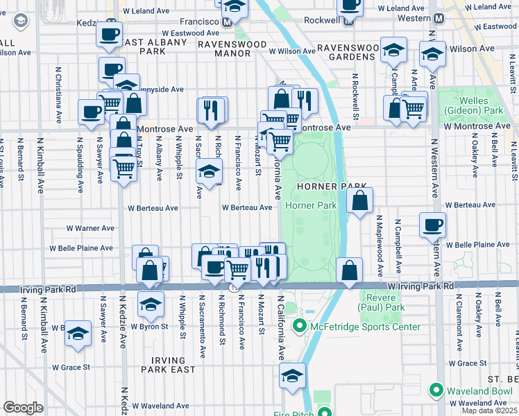 map of restaurants, bars, coffee shops, grocery stores, and more near West Berteau Avenue & North Mozart Street in Chicago