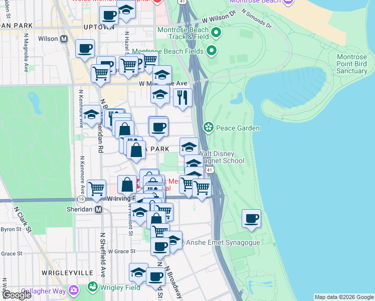 map of restaurants, bars, coffee shops, grocery stores, and more near 4180 North Marine Drive in Chicago