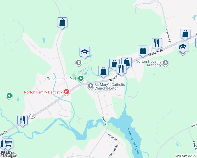 map of restaurants, bars, coffee shops, grocery stores, and more near 209 West Main Street in Norton