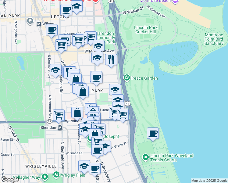 map of restaurants, bars, coffee shops, grocery stores, and more near 4180 North Marine Drive in Chicago