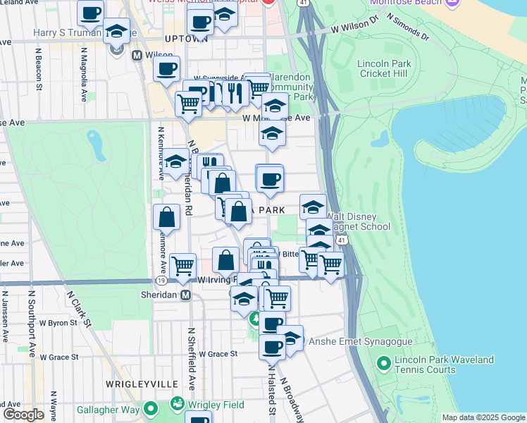 map of restaurants, bars, coffee shops, grocery stores, and more near 754 West Gordon Terrace in Chicago