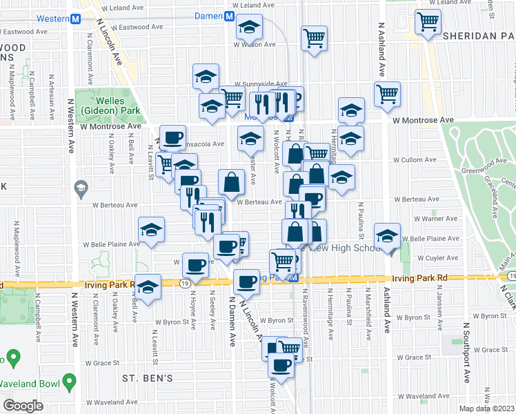 map of restaurants, bars, coffee shops, grocery stores, and more near 1858 West Berteau Avenue in Chicago