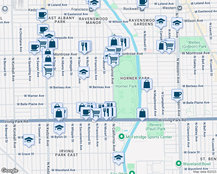 map of restaurants, bars, coffee shops, grocery stores, and more near 4215 North Mozart Street in Chicago