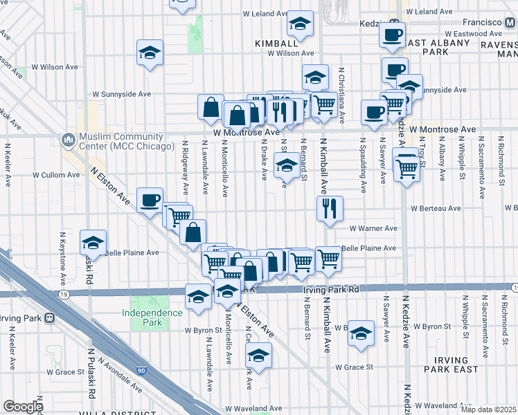map of restaurants, bars, coffee shops, grocery stores, and more near 4214 North Drake Avenue in Chicago