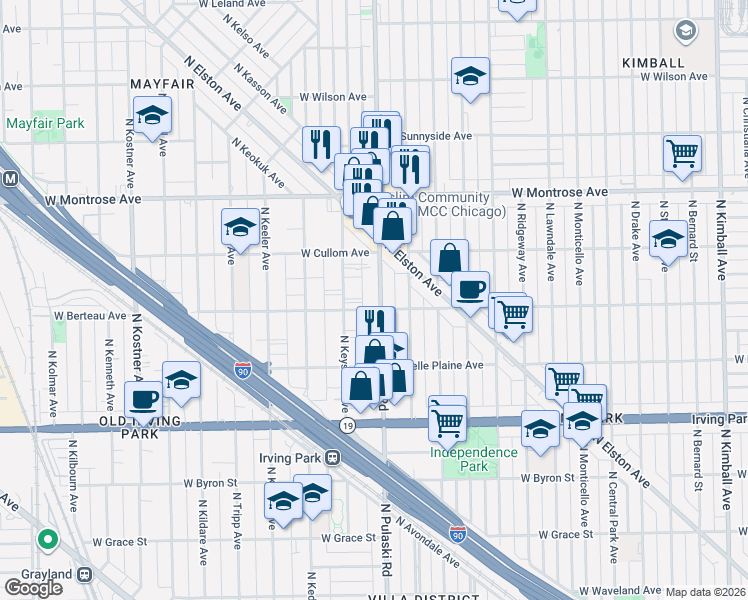 map of restaurants, bars, coffee shops, grocery stores, and more near 4223 North Pulaski Road in Chicago