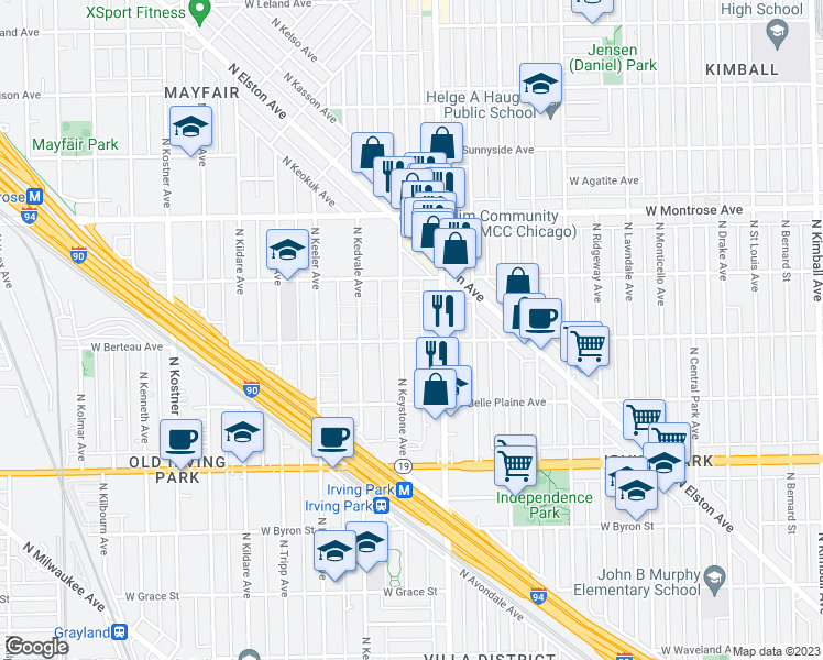 map of restaurants, bars, coffee shops, grocery stores, and more near 4219 North Keystone Avenue in Chicago