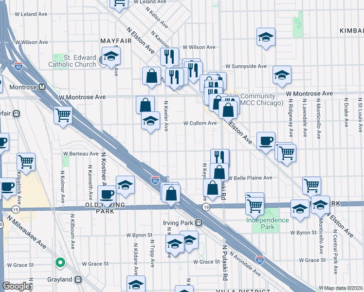 map of restaurants, bars, coffee shops, grocery stores, and more near 4221 North Keeler Avenue in Chicago