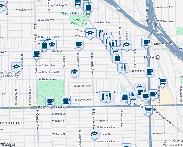 map of restaurants, bars, coffee shops, grocery stores, and more near 5200 West Hutchinson Street in Chicago