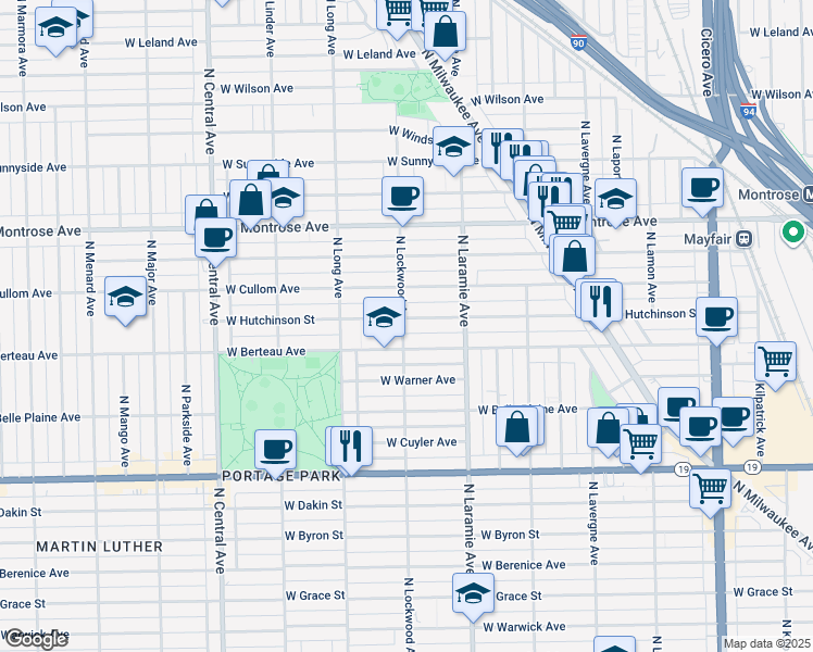 map of restaurants, bars, coffee shops, grocery stores, and more near 5242 West Hutchinson Street in Chicago