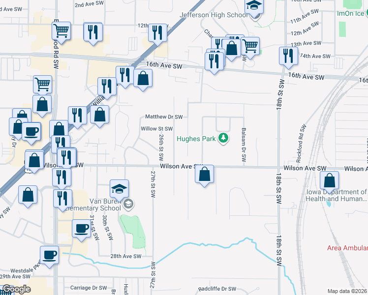 map of restaurants, bars, coffee shops, grocery stores, and more near 2111 25th Street Southwest in Cedar Rapids