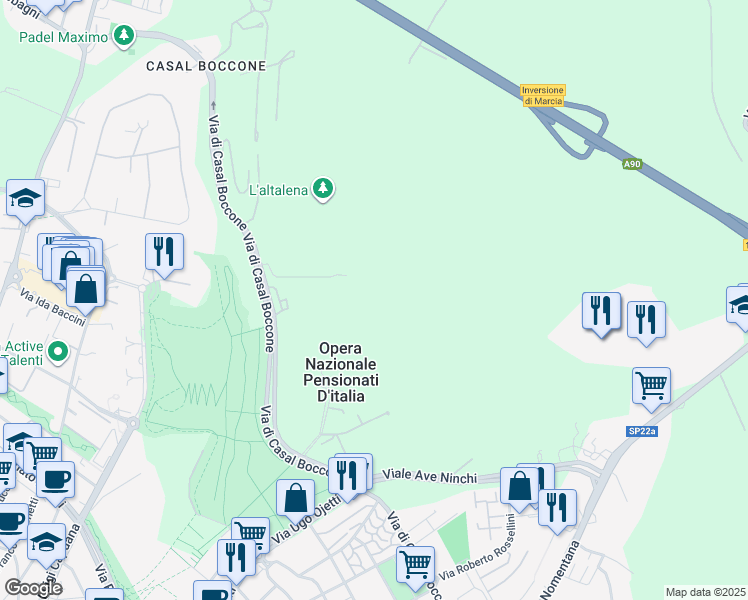 map of restaurants, bars, coffee shops, grocery stores, and more near 188 Via di Casal Boccone in Roma