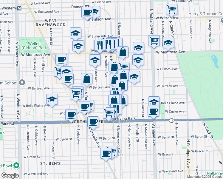 map of restaurants, bars, coffee shops, grocery stores, and more near 4205 North Honore Street in Chicago