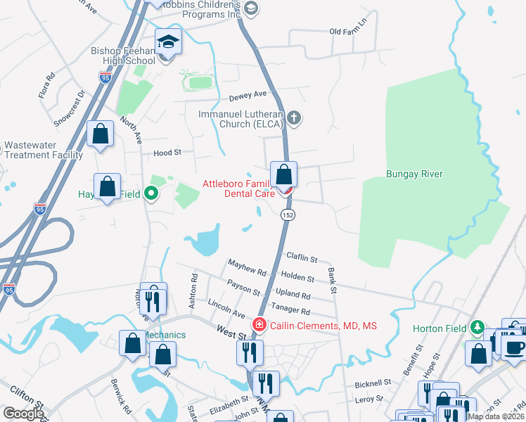 map of restaurants, bars, coffee shops, grocery stores, and more near 27 Raymond Drive in Attleboro