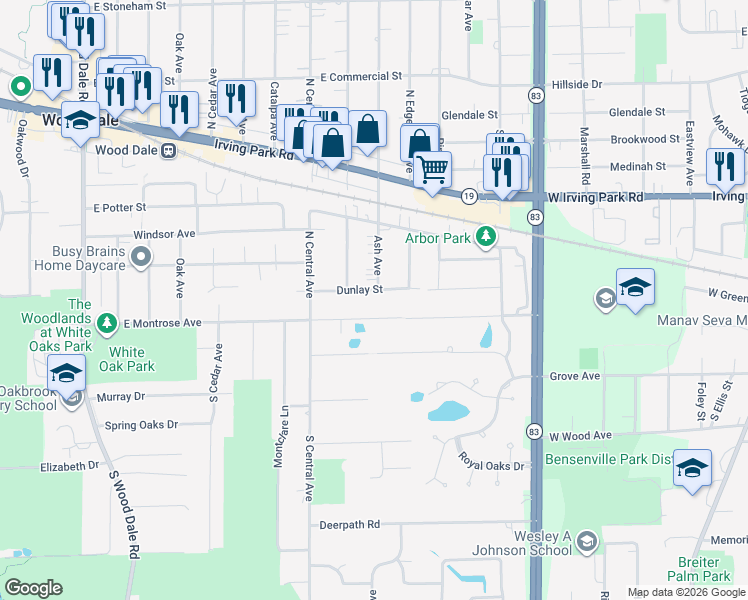 map of restaurants, bars, coffee shops, grocery stores, and more near 131 Ash Avenue in Wood Dale