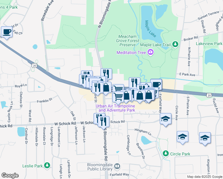 map of restaurants, bars, coffee shops, grocery stores, and more near 108 East Lake Street in Bloomingdale