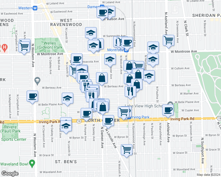 map of restaurants, bars, coffee shops, grocery stores, and more near 1927 West Berteau Avenue in Chicago