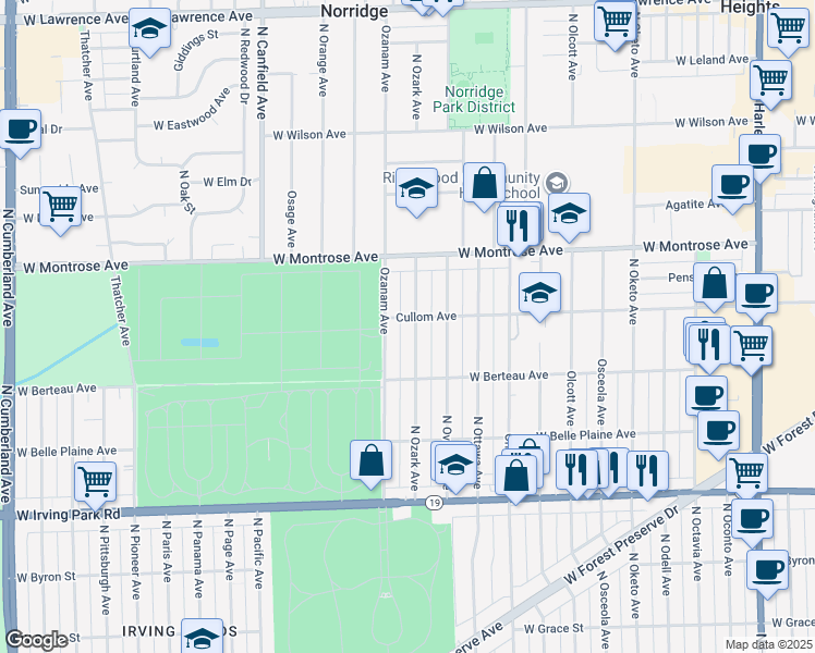 map of restaurants, bars, coffee shops, grocery stores, and more near 4301 North Ozark Avenue in Norridge