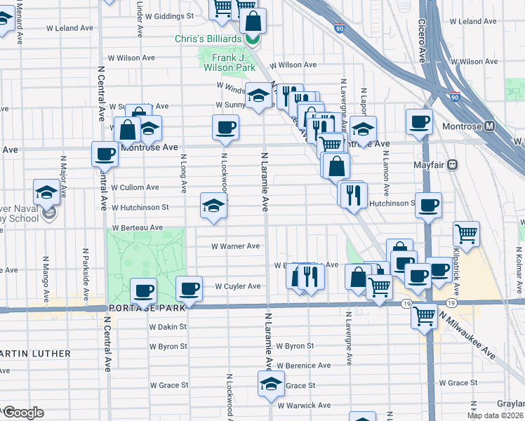 map of restaurants, bars, coffee shops, grocery stores, and more near 5200 West Hutchinson Street in Chicago