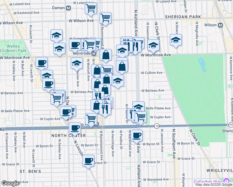 map of restaurants, bars, coffee shops, grocery stores, and more near 1751 West Berteau Avenue in Chicago