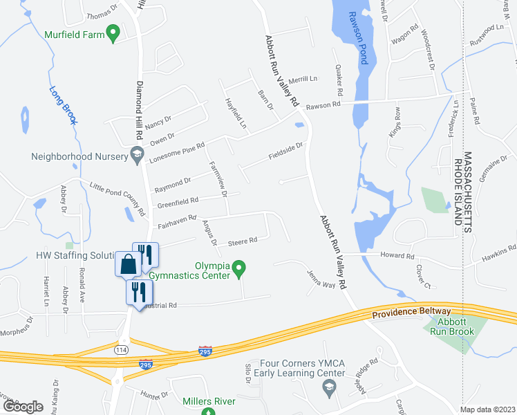 map of restaurants, bars, coffee shops, grocery stores, and more near 90 Fairhaven Road in Cumberland
