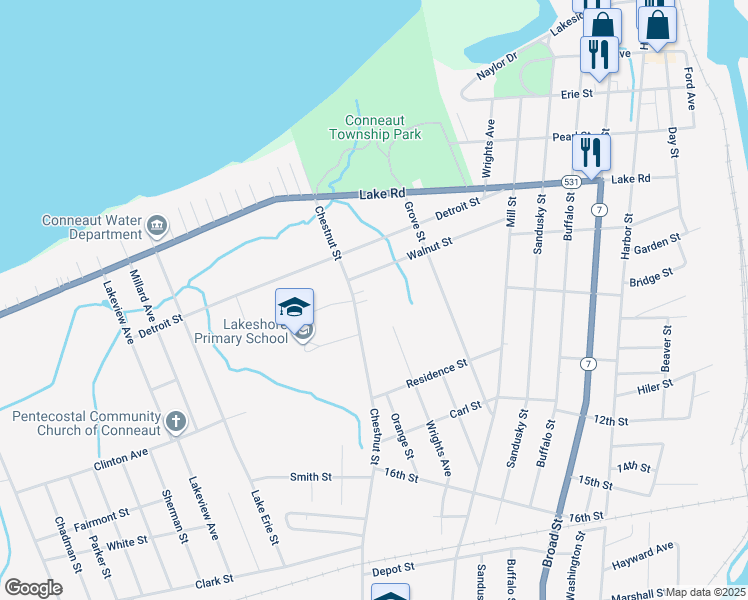 map of restaurants, bars, coffee shops, grocery stores, and more near 770 Chestnut Street in Conneaut