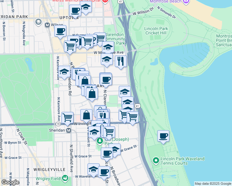 map of restaurants, bars, coffee shops, grocery stores, and more near 711 West Gordon Terrace in Chicago