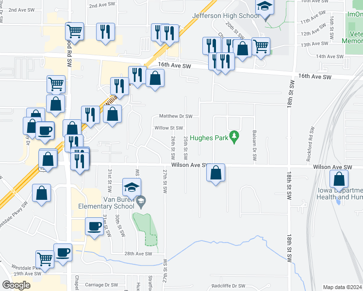 map of restaurants, bars, coffee shops, grocery stores, and more near 2104 25th Street Southwest in Cedar Rapids