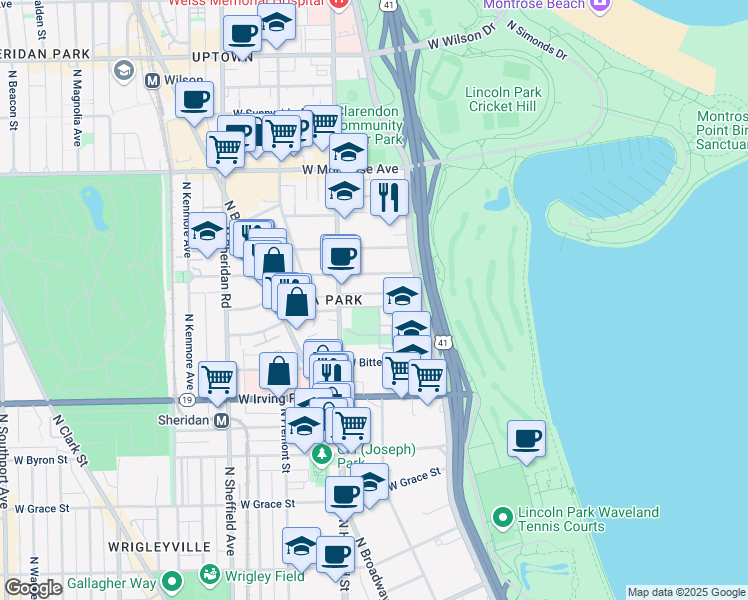 map of restaurants, bars, coffee shops, grocery stores, and more near 716 West Gordon Terrace in Chicago