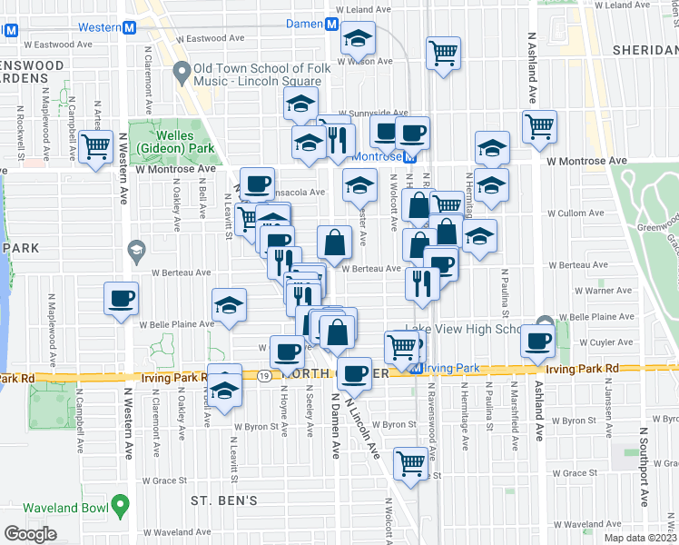 map of restaurants, bars, coffee shops, grocery stores, and more near 1949 West Berteau Avenue in Chicago