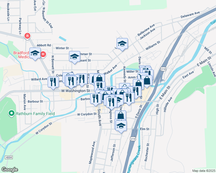 map of restaurants, bars, coffee shops, grocery stores, and more near 36-98 Charlotte Ave in Bradford