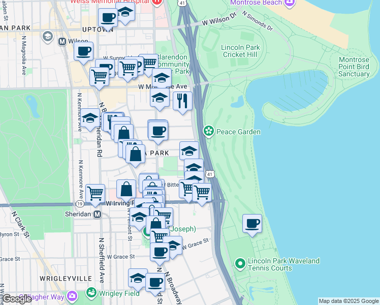map of restaurants, bars, coffee shops, grocery stores, and more near 4180 North Marine Drive in Chicago