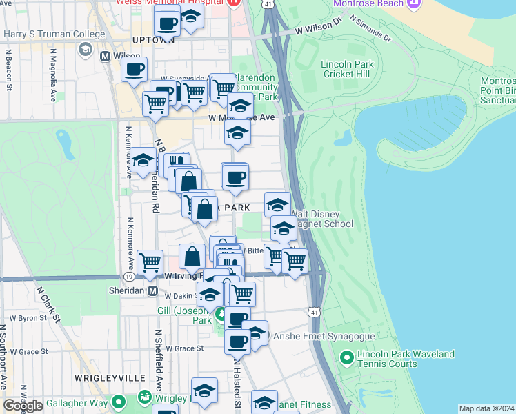 map of restaurants, bars, coffee shops, grocery stores, and more near 716 West Gordon Terrace in Chicago