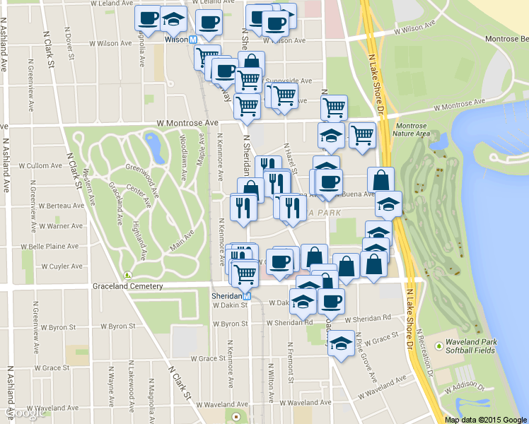 map of restaurants, bars, coffee shops, grocery stores, and more near 4151 North Sheridan Road in Chicago