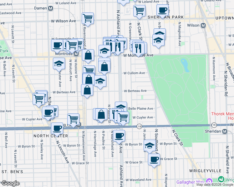 map of restaurants, bars, coffee shops, grocery stores, and more near 1604 West Berteau Avenue in Chicago