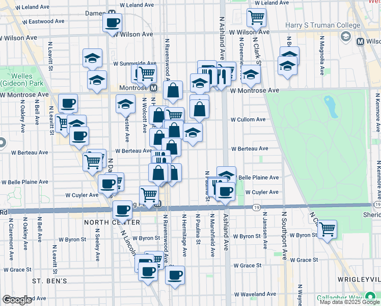 map of restaurants, bars, coffee shops, grocery stores, and more near 1751 West Berteau Avenue in Chicago