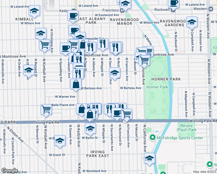 map of restaurants, bars, coffee shops, grocery stores, and more near 4210 North Sacramento Avenue in Chicago