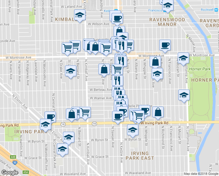 map of restaurants, bars, coffee shops, grocery stores, and more near 4210 North Sawyer Avenue in Chicago