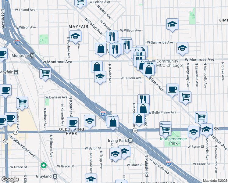 map of restaurants, bars, coffee shops, grocery stores, and more near 4221 North Keeler Avenue in Chicago