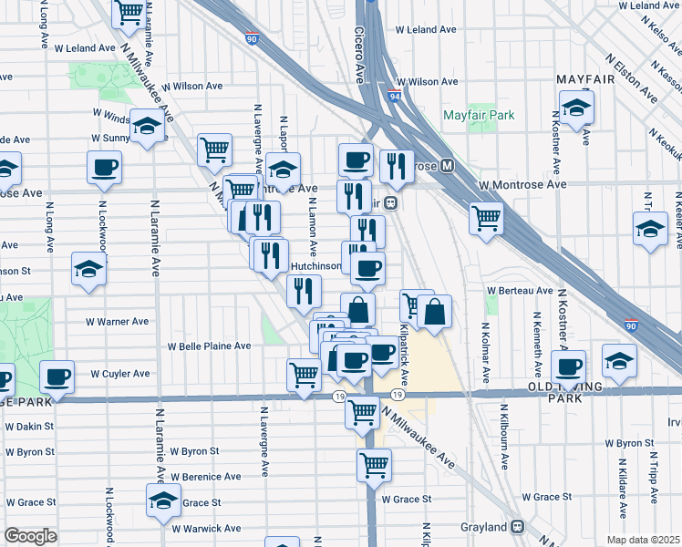 map of restaurants, bars, coffee shops, grocery stores, and more near 4825 West Hutchinson Street in Chicago