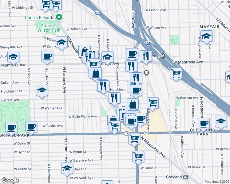 map of restaurants, bars, coffee shops, grocery stores, and more near 4900 West Hutchinson Street in Chicago