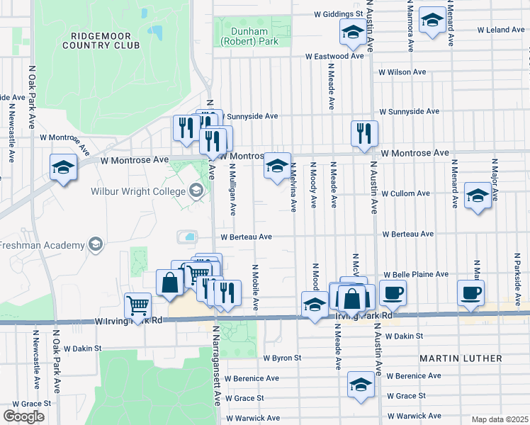 map of restaurants, bars, coffee shops, grocery stores, and more near 4246 North Melvina Avenue in Chicago