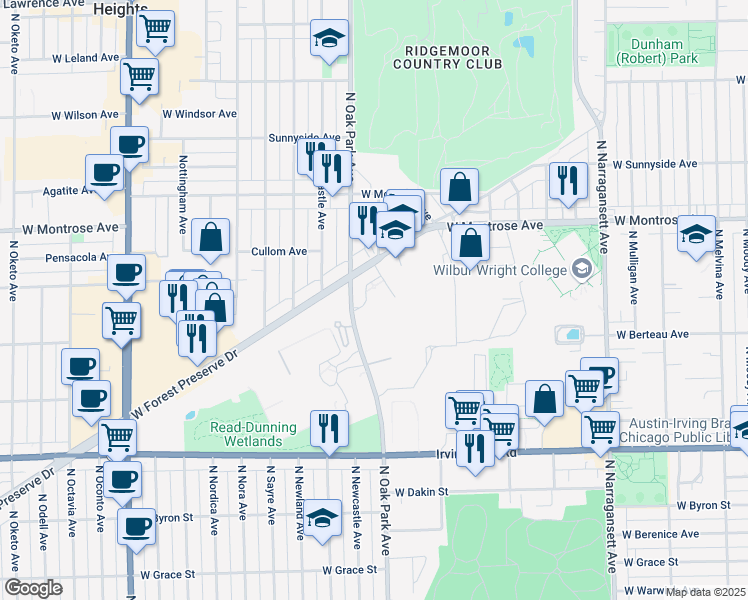 map of restaurants, bars, coffee shops, grocery stores, and more near 4239 North Oak Park Avenue in Chicago