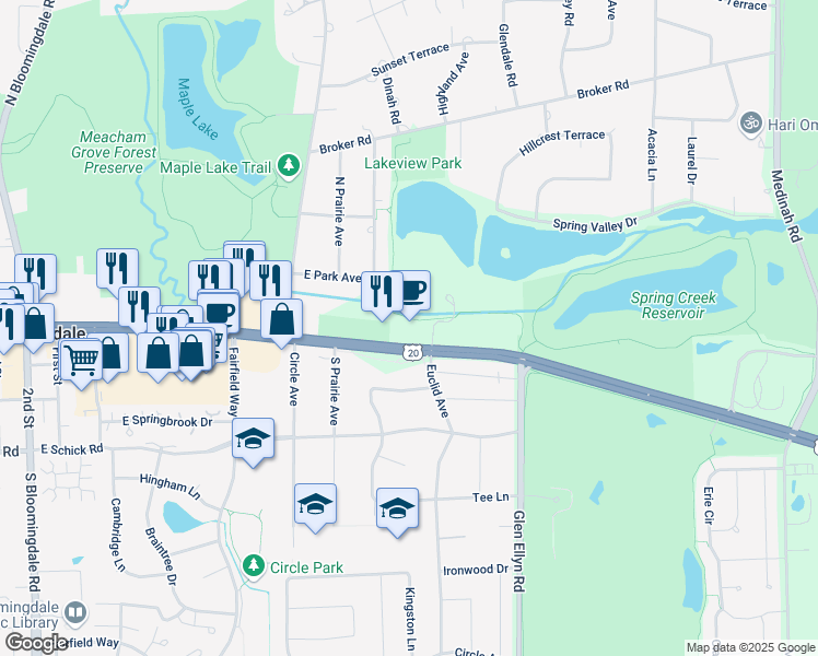 map of restaurants, bars, coffee shops, grocery stores, and more near 241 East Lake Street in Bloomingdale