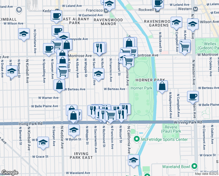 map of restaurants, bars, coffee shops, grocery stores, and more near 4200 North Francisco Avenue in Chicago