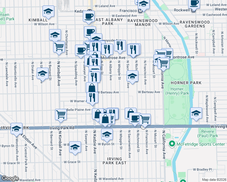 map of restaurants, bars, coffee shops, grocery stores, and more near 4212 North Whipple Street in Chicago